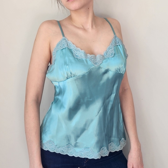 Vintage Y2K Lace Satin Camisole in Sky Blue 8 2000s - Picture 1 of 9